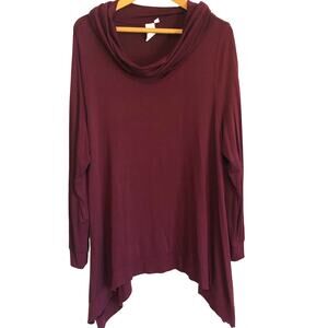 ady P burgandy cowl neck knit top long sleeve solid stretchy asymetrical 1X